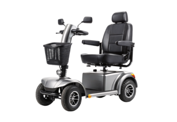Gray mobility scooter with black leather seat, isolated on a transparent background