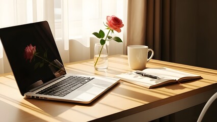 Cozy home office setup with laptop rose coffee and open notebook