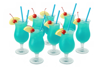 Blue tropical cocktails garnished with lemon slices and cherries, refreshing cold drinks for summer party celebrations