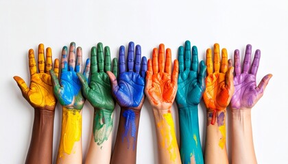 Six raised hands covered in multicolored paint against white background symbolizing creativity, diversity, and artistic expression