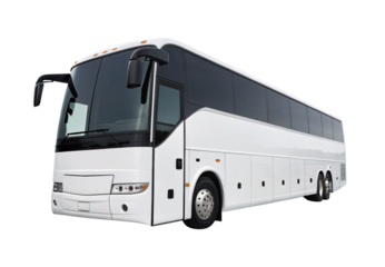 White modern coach bus with dark tinted windows, isolated on a transparent background