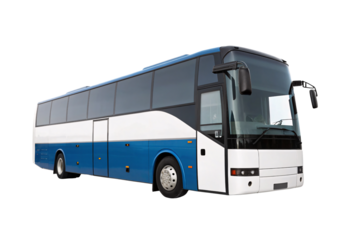Blue and white charter bus with tinted windows, isolated on a transparent background