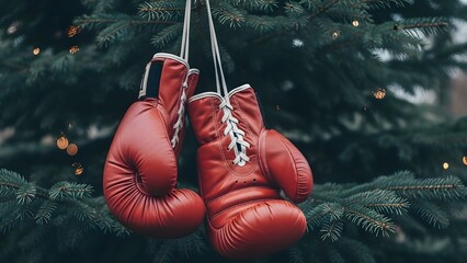 Worn red boxing gloves hang suspended against a blurred dark evergreen background