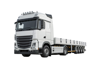 White flatbed semi-truck with roof lights and multiple axles, isolated on a transparent background