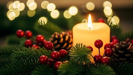 Warm glowing candle with festive winter decorations and blurred bokeh lights