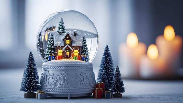 Closeup of a beautiful, glowing christmas snow globe with miniature evergreen trees and warm candlelight creating a cozy winter holiday atmosphere - Powered by Adobe