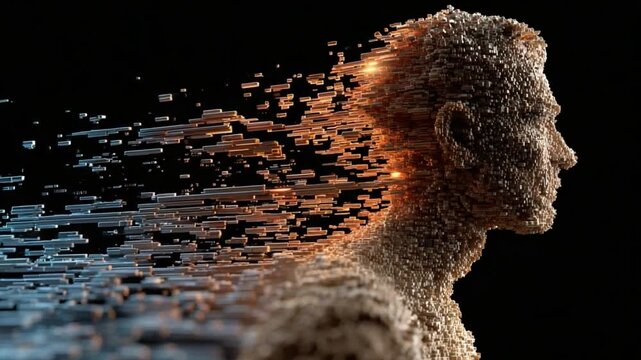 Transformation and Transience: An artistic rendering unveils a profile of a person whose form is disintegrating into particles, symbolizing change, evolution, and the ephemeral nature of existence.