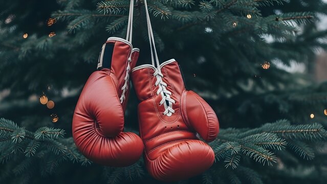 Worn red boxing gloves hang suspended against a blurred dark evergreen background - Powered by Adobe