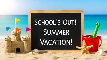Schools out for summer vacation beach scene with sandcastle and summer toys