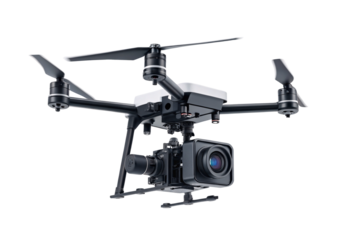 Heavy-duty cinema drone with professional camera and stabilization gimbal mounted, isolated on a transparent background