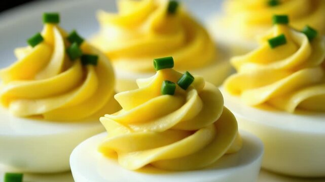 A close-up  of deviled eggs on a plate, perfect for food or recipe use