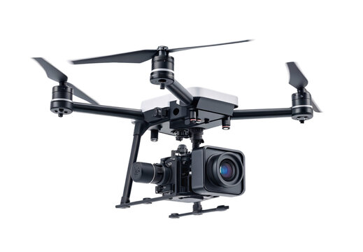 Heavy-duty cinema drone with professional camera and stabilization gimbal mounted, isolated on a transparent background