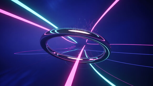 Abstract neon glowing lines and circle with water droplets on dark blue reflective surface - Powered by Adobe