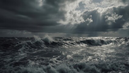 Obraz premium Dramatic Stormy Ocean Waves Under Dark Clouds.