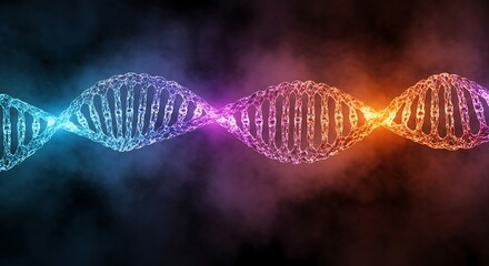Striking DNA strand with vibrant blue, purple, and orange hues for science research or medical innovation visuals, showcasing genetic code and structure