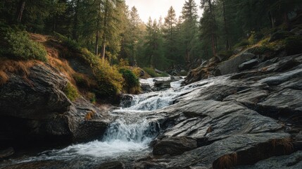 Mountain river flowing through a dense pine forest with rapids and rocks. Natural landscape for travel, ecology, and outdoor adventure.