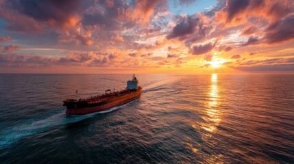 Fototapeta premium Cargo ship sailing on ocean during a beautiful sunset. Global trade and maritime transport concept. Industrial vessel on open sea.