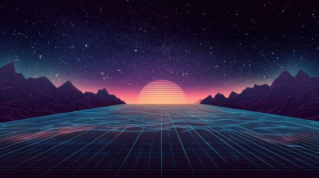 Retro wave style abstract background with glowing grid landscape and striped sun at sunset. Synthwave art for digital product. - Powered by Adobe