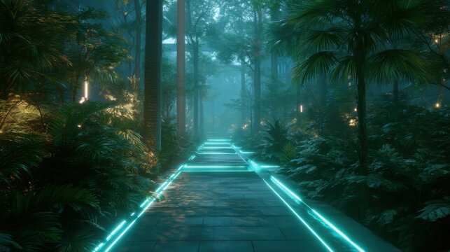 Modern pathway with blue neon lights through a lush tropical jungle. Futuristic garden design concept with vibrant foliage and serene atmosphere.