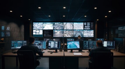 Men working in security control room with multiple screens showing surveillance footage. Data center management and IT operations concept.