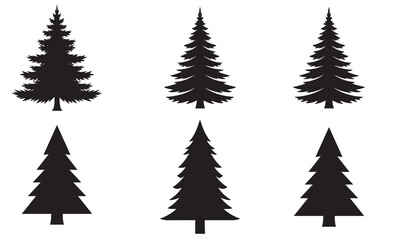 Obraz premium Collection of silhouetted evergreen pine trees in various sizes and styles for graphic design