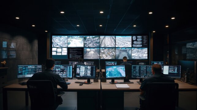 Men working in security control room with multiple screens showing surveillance footage. Data center management and IT operations concept.