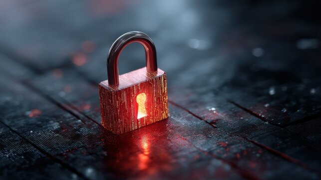Red glowing padlock on digital circuit board background. Cybersecurity concept with data protection and server security symbol.