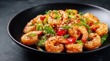Fototapeta premium Stir-fried shrimp with vegetables and sesame seeds in a black bowl. Spicy sweet and sour Asian seafood dish. Healthy restaurant meal.
