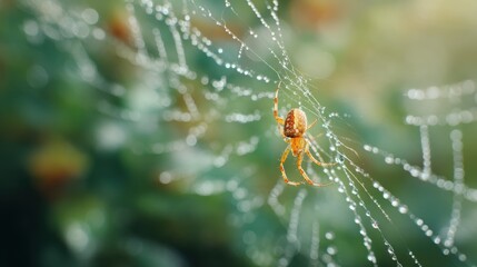 Spider on a dew covered web in nature. Orb weaver spider on a misty morning. Wildlife, insect, and macro photography concept.