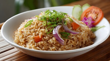 A close up of a white bowl filled with savory fried rice garnished with fresh green onions red onion and tomato served with cucumber slices