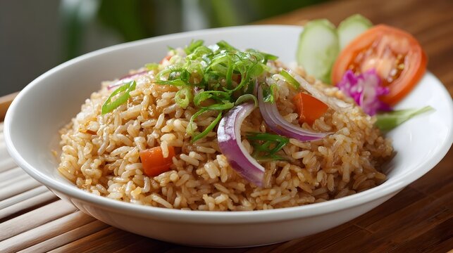 A close up of a white bowl filled with savory fried rice garnished with fresh green onions red onion and tomato served with cucumber slices