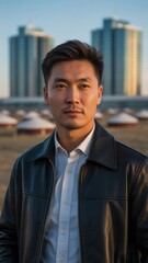 A confident man stands in front of modern buildings and traditional yurts, showcasing a blend of contemporary and cultural elements.