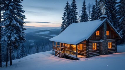Cozy wooden log cabin nestled in a snowy mountain landscape at dusk with warm light glowing from the windows