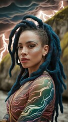A striking portrait of a woman with vibrant blue dreadlocks, intricate body art, and a dramatic stormy background highlighting her fierce expression.