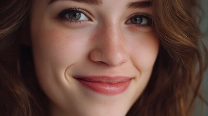 Young woman s gentle smile with freckles and sparkling eyes captured in a close up portrait