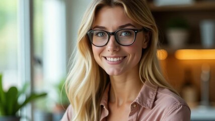 A portrait of a happy woman wearing glasses and smiling at the camera