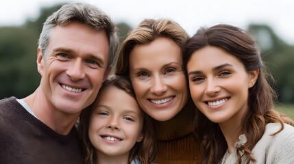 Obraz premium A multi gene nal family of four shares a joyful moment smiling warmly together outdoors in natural light