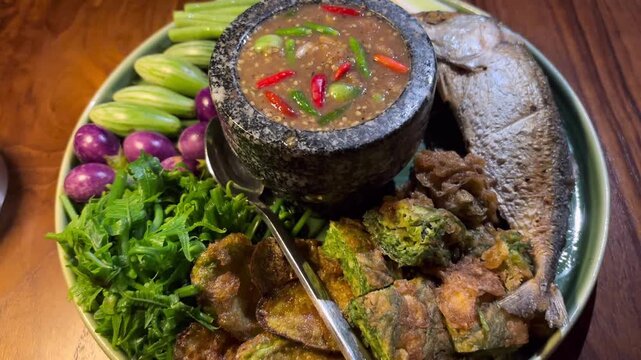 Set plate of fried mackerel with shrimp paste sauce and vegetables. Thai dish. slow motion. Top view shot.