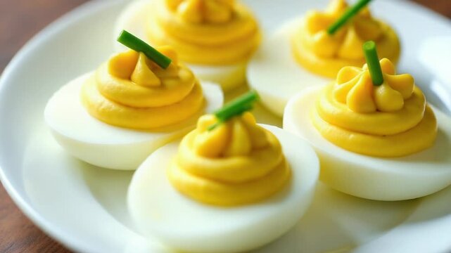 A white plate filled with deviled eggs and yellow mustard