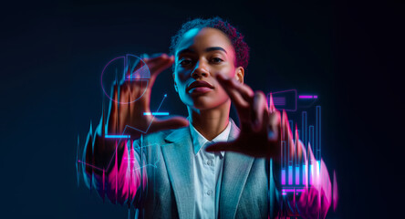 African businesswoman interacting with virtual analytics interface in modern neon blue and magenta pink light