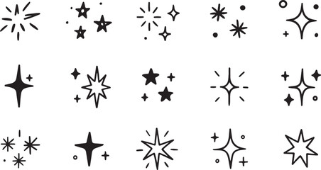 Hand drawn star spark doodle element icon set. Star shape twinkle glitter spark shine crayon grunge brush line icons. Hand drawn sketch doodle style. Light decoration black and white vector