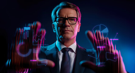Senior executive managing holographic business analytics dashboard in neon blue and magenta