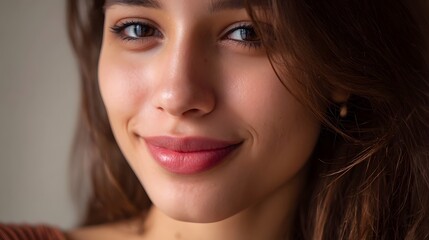 Fototapeta premium Close up portrait of a young woman s face with a gentle warm smile and soft natural lighting