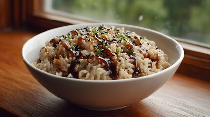 A bowl of brown rice topped with sauce sesame seeds and chives served indoors