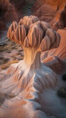 A unique rock formation resembling a mushroom, situated in a desert landscape, showcasing vibrant colors and intricate textures.