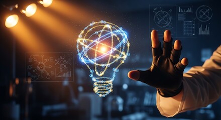 Innovator touches vibrant digital lightbulb, unlocking brilliant solutions and fresh innovative insights in a modern tech focused environment today