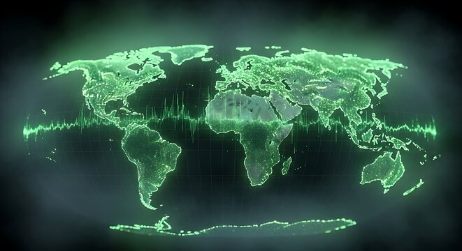 Global connections with vibrant green world map and data analysis, ideal for illustrating international business, technology, or environmental themes - Powered by Adobe