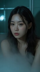 A serene portrait of a woman with wet hair, surrounded by soft steam, conveying an atmosphere of calm and introspection.