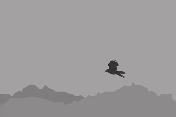 A minimalist bird silhouette soaring above layered mountains against a calm sky, symbolizing freedom and tranquility. Ideal for banners, backgrounds, posters, travel themes, meditation visuals.