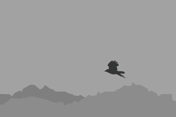A minimalist bird silhouette soaring above layered mountains against a calm sky, symbolizing freedom and tranquility. Ideal for banners, backgrounds, posters, travel themes, meditation visuals.